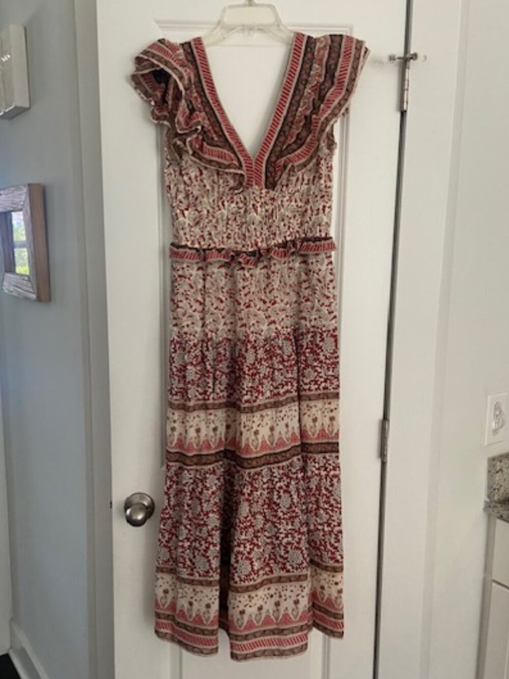 Sea New York Ivette flutter sleeve smocked midi dress cream brown Size 2